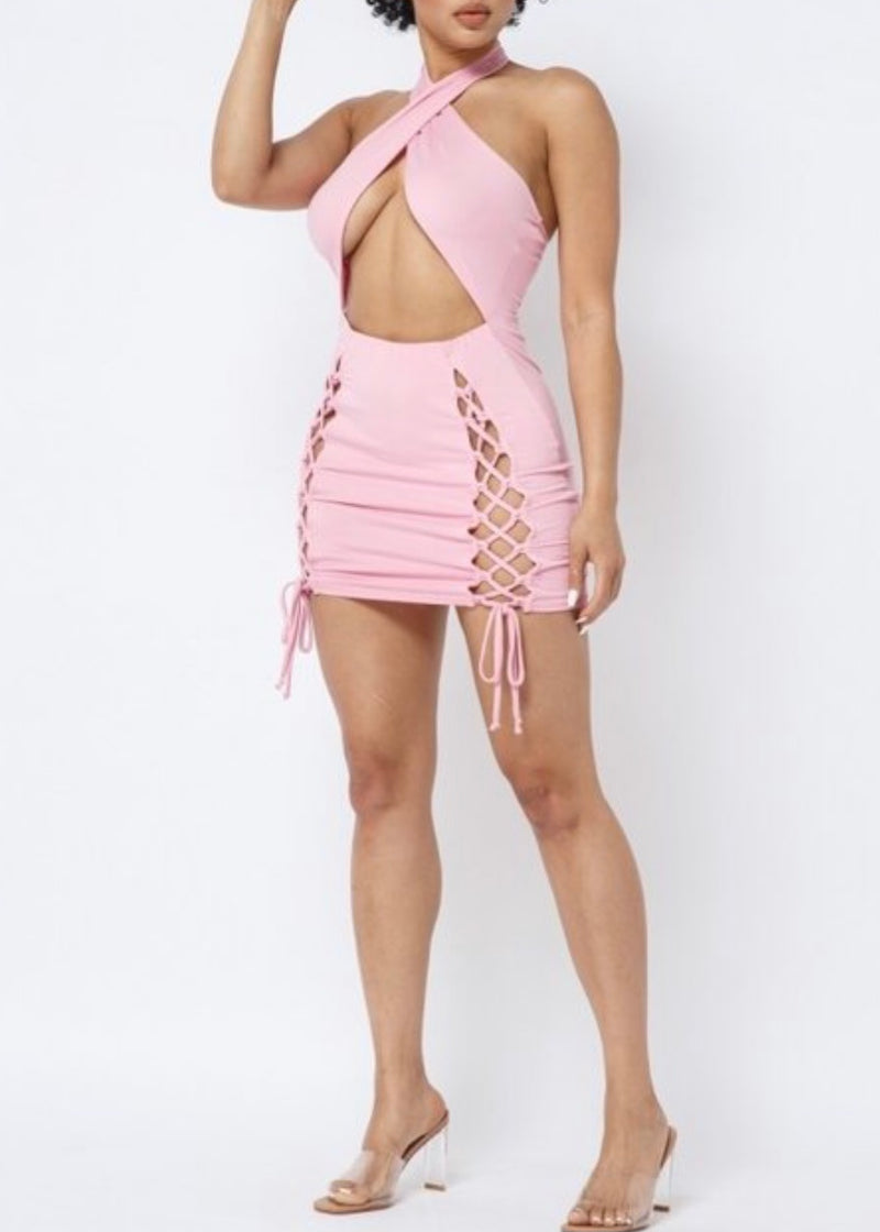 Belita Collection Cross Over Bust Lace Up Mini Dress (Pink) SBD1718