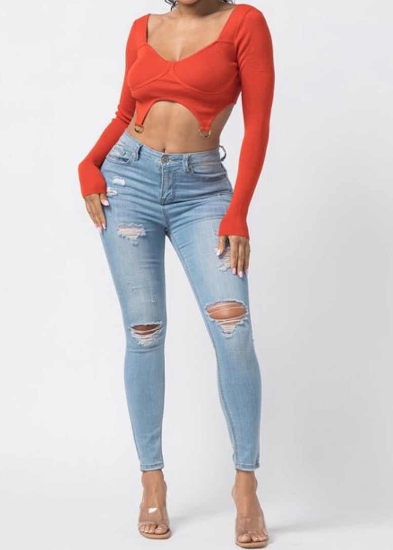 Hera Collection Double Ring Crop Top (Red Brick) 22577-O