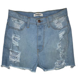 Aphrodite High Rise Frayed & Destroyed Denim Shorts (Light Blue) 6197F