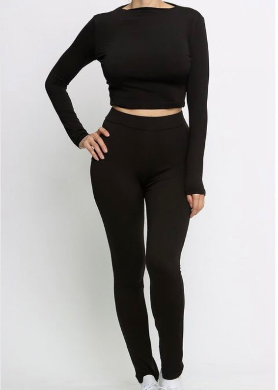 Sjk Fashion Long Sleeve Solid Crop Top & Pants Set (Black) ST43591