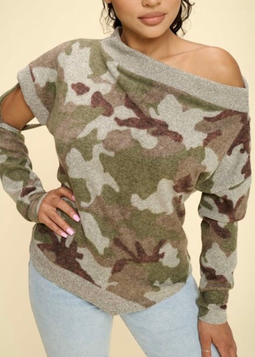 WinWin Camo Print Off The Shoulder Sweater (Olive/Rust/Grey) WT13060
