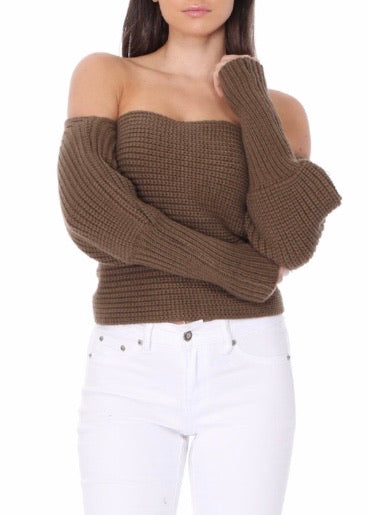 Yemak Off The Shoulder Long Sleeve Wrap Sweater Shawl (Mocha) KC003