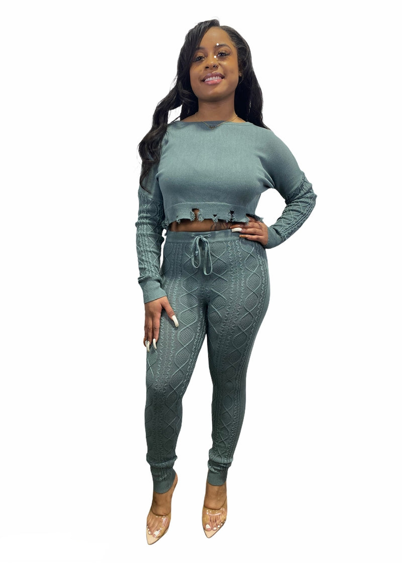Hera Collection Distressed Cable Knit Legging Set (New Sage) 22380