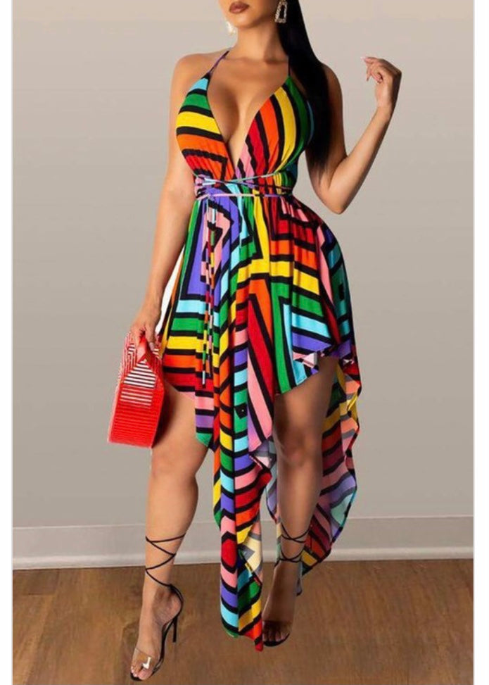 Mundefeis V-Neck Backless Colorful Striped Irregular Dress (Multicolor) HF8439