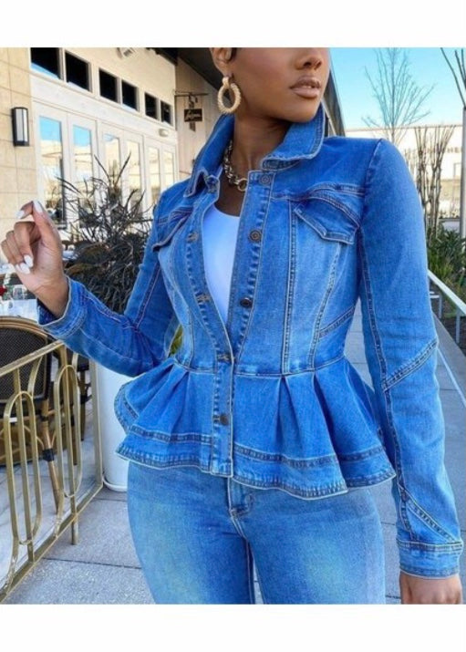 Fashionline Stylish Front Buckle Peplum Denim Jacket (Light Blue) FL210816008