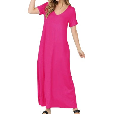 Shop Basic Usa Short Sleeve V Neck Maxi Dress (Coral) P9-268