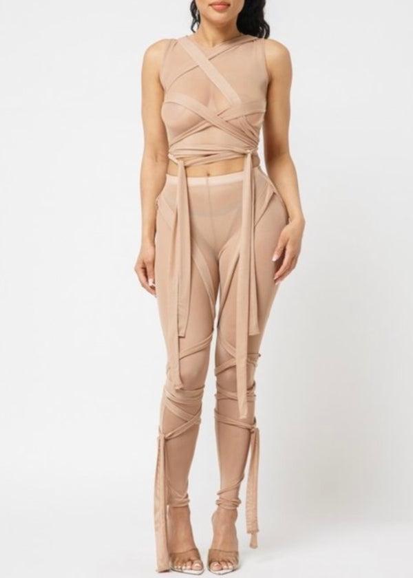 Belita Collection Sleeveless Tie Detail Mesh Set (Nude) SET951E