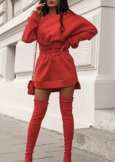 Fashionline Asymmetric Solid Round Neck Mini Dress (Red) FL210927005