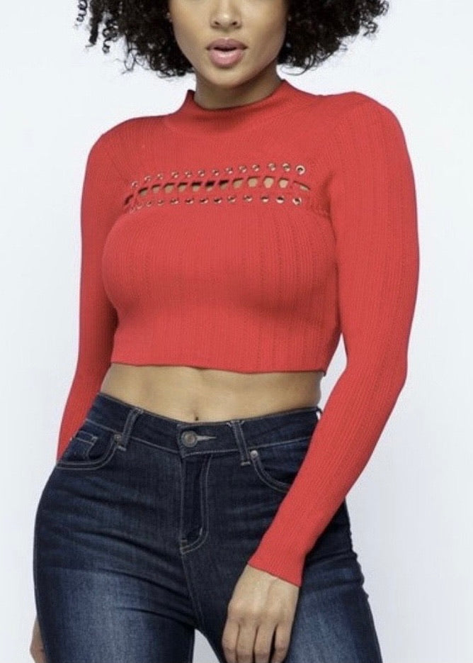 Hera Collection Mock Neck Across Lace Crop Top (Red)