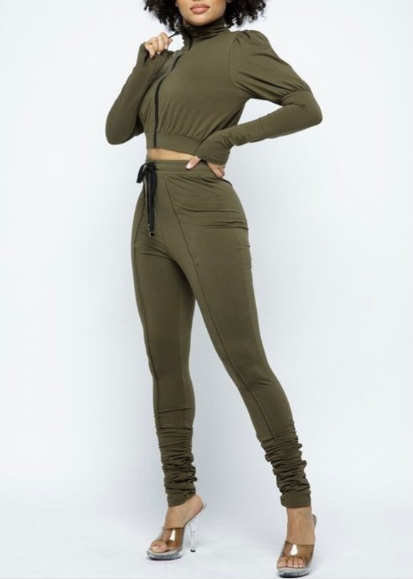 Capsulle Puff Sleeve Cropped Top and Skinny Pants Set (Olive) CC2054