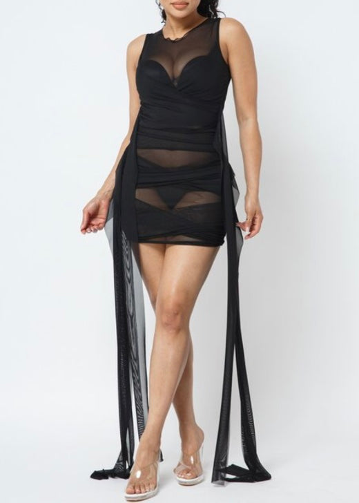 WinWin Solid Mesh Sleeveless Midi Bodycon Dress (Black) WD12293