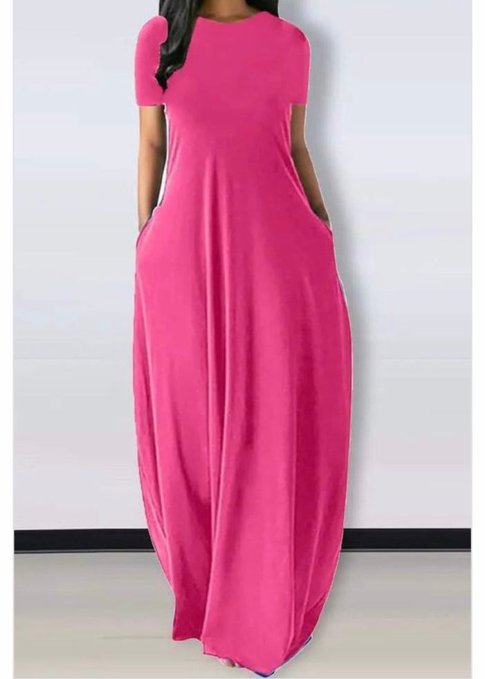 Mundefeis Short Sleeve Pocket Detail Casual Dress (Hot Pink) FK3874
