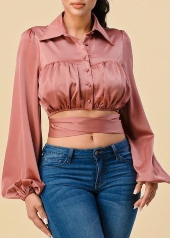 The Sang Satin Smooth Long Sleeve Top (Dusty Rose) ST22740321