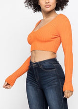 Hera Collection Long Sleeve V-Neck Off Shoulder Crop Top (Orange) 21915