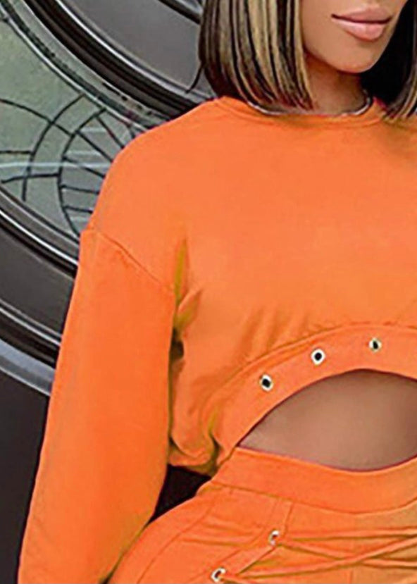 Mundefeis Cropped Soild U-Neck Tight Waist Blouse Set (Orange) AC9748-RH