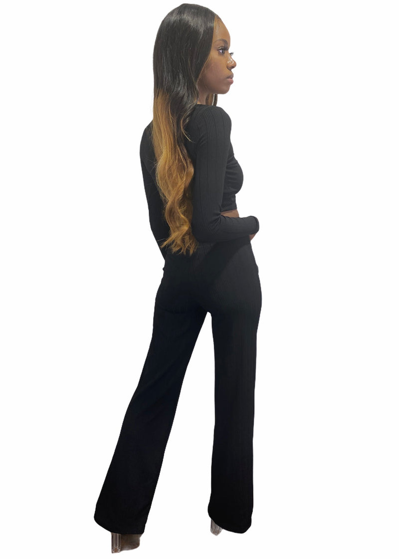 Miss California Piano Rib Long Sleeve Top & Tie Front Pants Set (Black) A9278