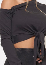 Junie French Terry Off Shoulder Front Self Tie Ribbon Crop Top (Black) AT2538