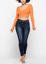 Hera Collection Long Sleeve V-Neck Off Shoulder Crop Top (Orange) 21915