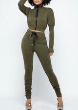 Capsulle Puff Sleeve Cropped Top and Skinny Pants Set (Olive) CC2054