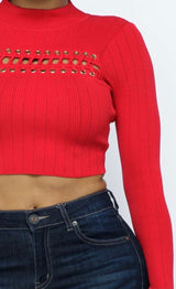 Hera Collection Mock Neck Across Lace Crop Top (Red)