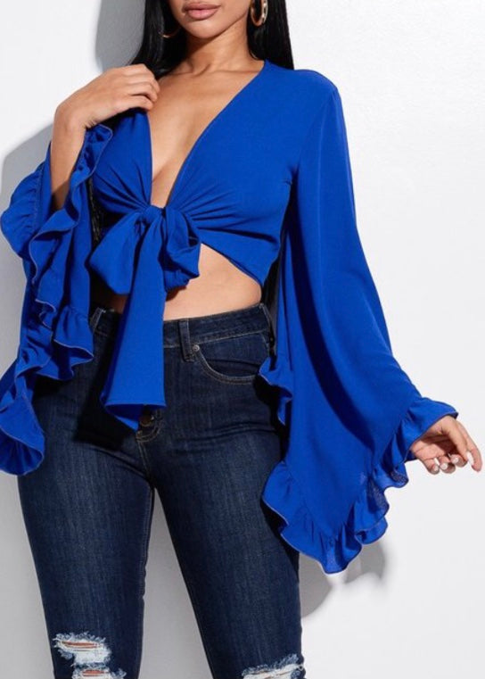 Miss California Bubble Crepe Tie Front Ruffled Long Sleeve Top (Royal) T2707