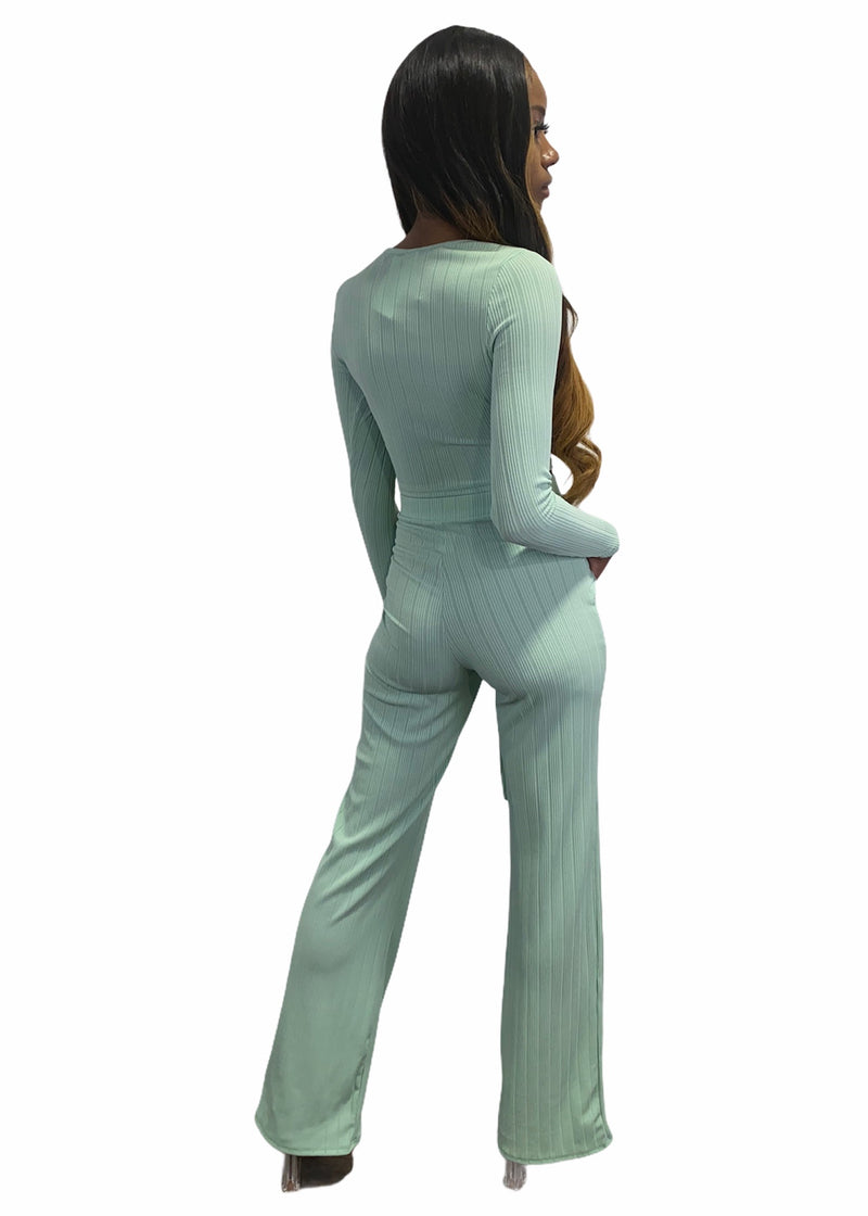 Miss California Piano Rib Long Sleeve Top & Tie Front Pants Set (Sage) A9278